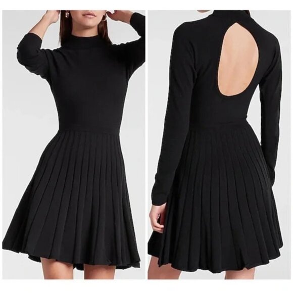 EXPRESS Black Pleated Open-Back Sweater Dress - Picture 1 of 15
